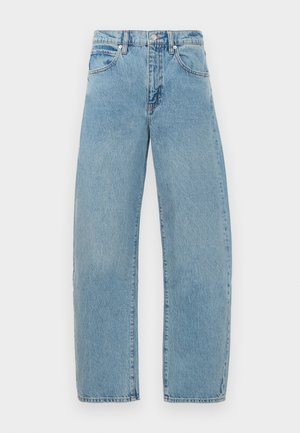Light blue straight-leg jeans made of denim, featuring a classic five-pocket design and a sturdy waistband with metal button closure.