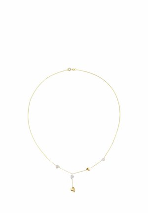 Nežen zlat verižica z izmenjujočimi se majhnimi zlato in srebrno oblikovanimi obeski v obliki srca, eno zlato srce visi v sredini.