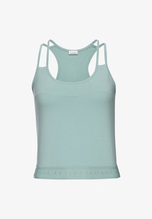 Light blue active tank top with a fitted design, wide straps, and a soft, stretchy texture. It features a logo across the bottom hem.