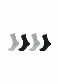 Quattro paia di calzini con texture a costine, in grigio scuro, grigio chiaro e nero, con accenti a contrasto delle costole in grigio chiaro e bianco.