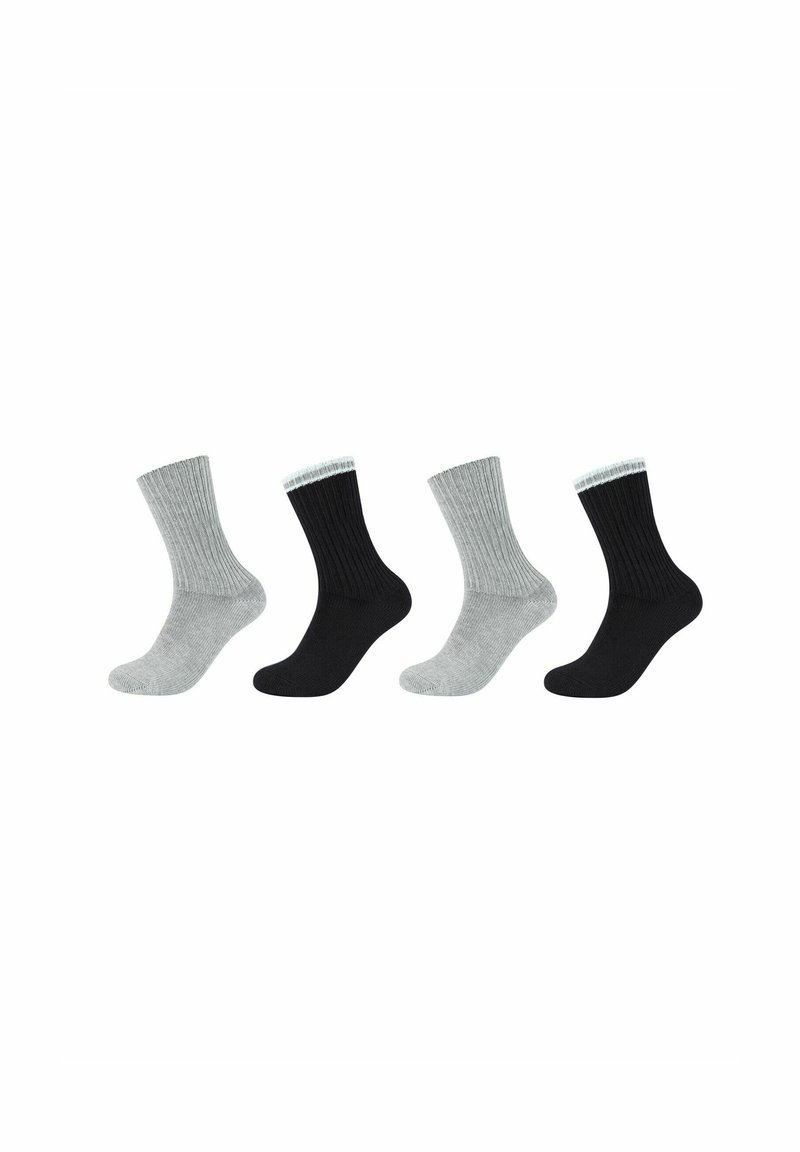 Quattro paia di calzini con texture a costine, in grigio scuro, grigio chiaro e nero, con accenti a contrasto delle costole in grigio chiaro e bianco.