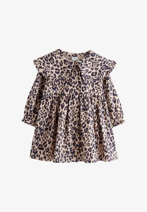 Šaty s leopardím vzorom s volánovým golierom, zapínaním na gombíky vpredu a nafúknutými rukávmi z mäkkej látky v béžových a tmavohnedých odtieňoch.