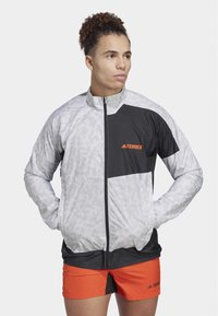 Männliche Terrex-Jacke in Hellgrau mit schwarzen Akzenten und einem dezenten Streifenmuster. Sie verfügt über einen hohen Kragen und einen Reißverschluss und besteht aus leichtem Material.