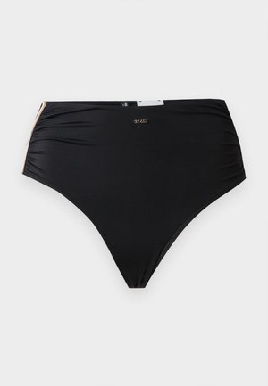 Black high-waist bikini bottoms with a small metallic logo detail centered near the waistband against a plain background.
