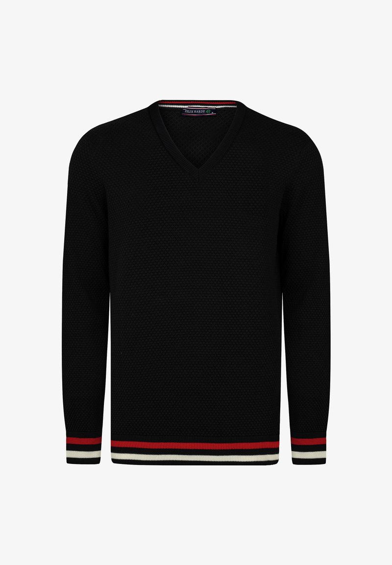 Mustmustik noir V-kaelusega kampsun, millel on tekstuuriga muster ja triibuline aktsent punase ja valge värviga varrukaotstes ja allääres.