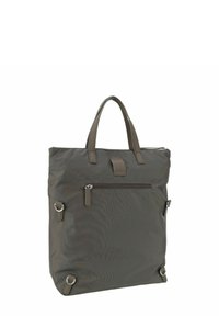 Borsa tote in nylon grigio con due manici superiori, tasca frontale con zip e dettagli in metallo argentato. Presenta una superficie liscia e pulita e una forma rettangolare.