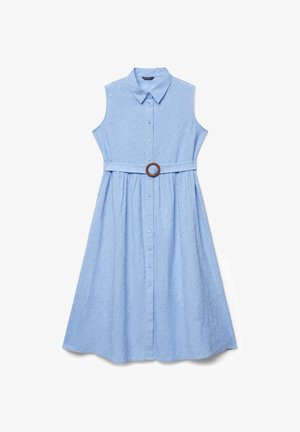 Abito azzurro chiaro senza maniche con bottoni, colletto appuntito, motivo ricamato, vita arricciata e cintura abbinata con fibbia rotonda in legno.
