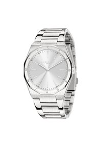 Orologio in acciaio inox argentato con cassa ottagonale, quadrante argentato texturizzato e design del bracciale a maglie. Dotato di indicatori delle ore minimalisti.