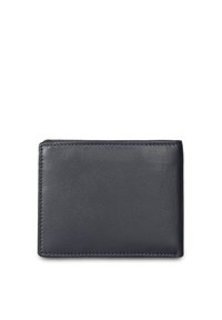 Portafoglio in pelle blu navy con una texture liscia, forma rettangolare e cuciture a contrasto. Design minimalista, senza parti metalliche o decorazioni visibili.