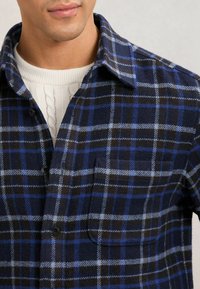 Camicia di flanella a quadri nei toni del blu navy, nero e blu. Presenta una chiusura frontale con bottoni, colletto ampio e una tasca sul petto. Tessuto morbido e materiale caldo.