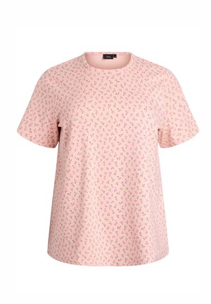 Lyserød kortærmet bluse med lille mønster af lyserøde roser og rund halsudskæring, vist på en hvid baggrund.