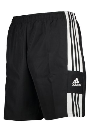 Czarne szorty Adidas z białymi panelami bocznymi z trzema czarnymi paskami i logo Adidas na dole z boku. Elastyczny pas i długość za kolano.