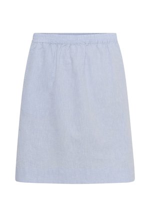 Lichtblauwe rok tot op de knie met elastische tailleband, gemaakt van lichtgewicht stof met een subtiele verticale structuur.