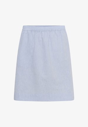 Lichtblauwe rok tot op de knie met elastische tailleband, gemaakt van lichtgewicht stof met een subtiele verticale structuur.