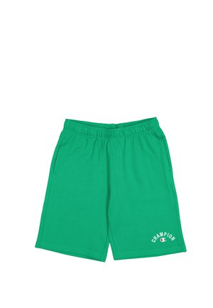 Grüne Baumwollshorts mit einem elastischen Bund, zwei Seitentaschen und dem weißen "Champion"-Logo auf der unteren linken Seite.