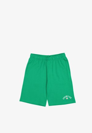 Grüne Baumwollshorts mit einem elastischen Bund, zwei Seitentaschen und dem weißen "Champion"-Logo auf der unteren linken Seite.