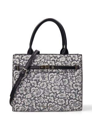 Rechteckige Handtasche mit schwarzen Ledergriffen, grauem und weißem Blumenstoff, schwarzem verstellbarem Träger und vorderem Metallverschluss.