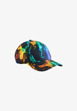 Gorra de béisbol negra con vibrantes patrones de humo en espiral en colores azul, verde, amarillo, naranja y rojo.