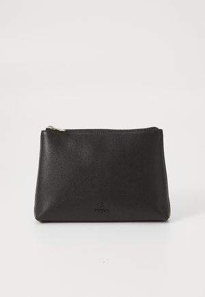 Black leather cosmetic pouch with a smooth texture, zip closure, and a small embossed logo at the front. Rectangular shape, compact design.