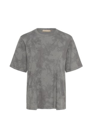 Szürke, rövid ujjú póló, finom márvány mintával, kerek nyakkal és puha szövet textúrával.