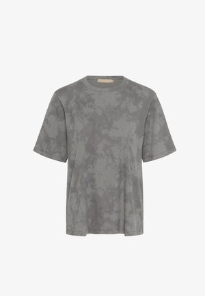 Grå kortærmet t-shirt med et subtilt marmor mønster, med rund halsudskæring og blød stofstruktur.