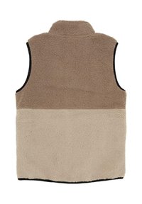 Ärmlös fleeceväst med en tvåtonad design, med ljusbeige nederst och medelbrunt upptill och vid kragen.