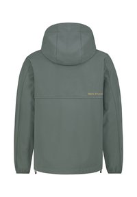 Grijs-groene jas met capuchon, voorzien van een rits aan de voorkant, elastische manchetten en het "SBLVL STUDIO" logo in goud op de achterkant.