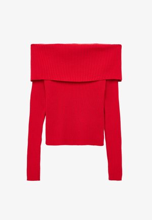 Roter gerippter Off-Shoulder-Pullover mit langen Ärmeln und taillierter Silhouette, ausgestattet mit einem gefalteten Halsausschnitt und strukturiertem Stoff.