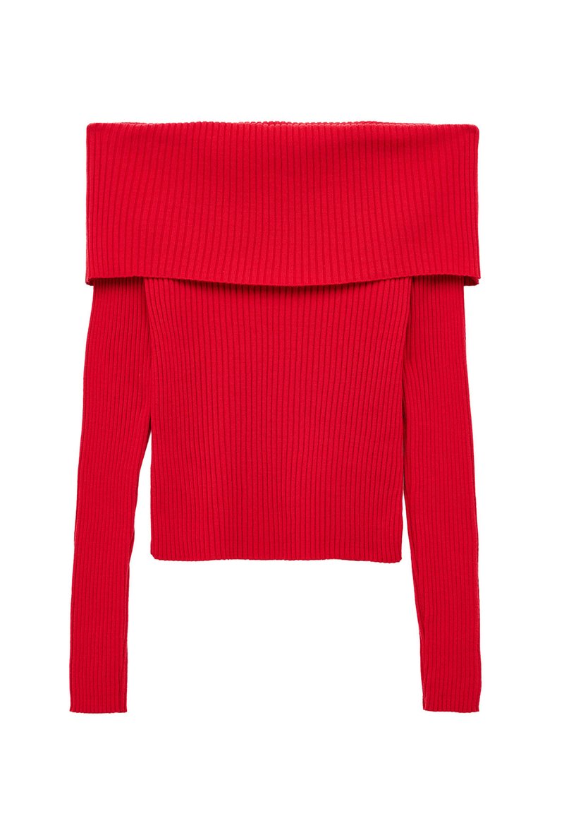 Roter gerippter Off-Shoulder-Pullover mit langen Ärmeln und taillierter Silhouette, ausgestattet mit einem gefalteten Halsausschnitt und strukturiertem Stoff.