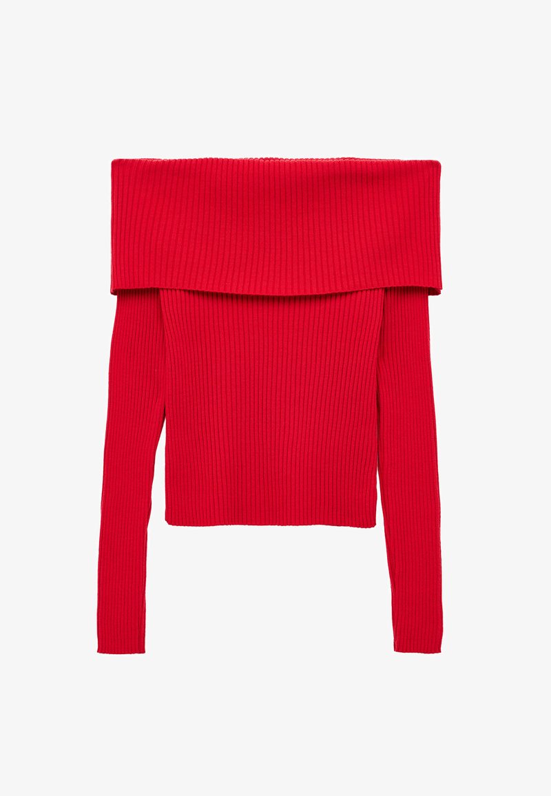 Maglione rosso a righe, scollato sulle spalle, con maniche lunghe e silhouette aderente, dotato di un colletto ripiegato e tessuto texture.