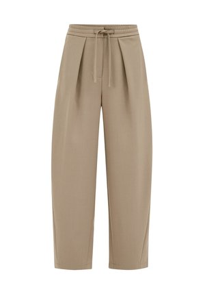 Pantalon beige taille haute à jambe fuselée, avec taille élastique, cordon de serrage et plis devant, en tissu léger.