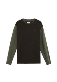 Suéter marrón oscuro con mangas verde olivo. Cuello y puños acanalados. Pequeño logo de calavera en el pecho. Textura suave y diseño casual.