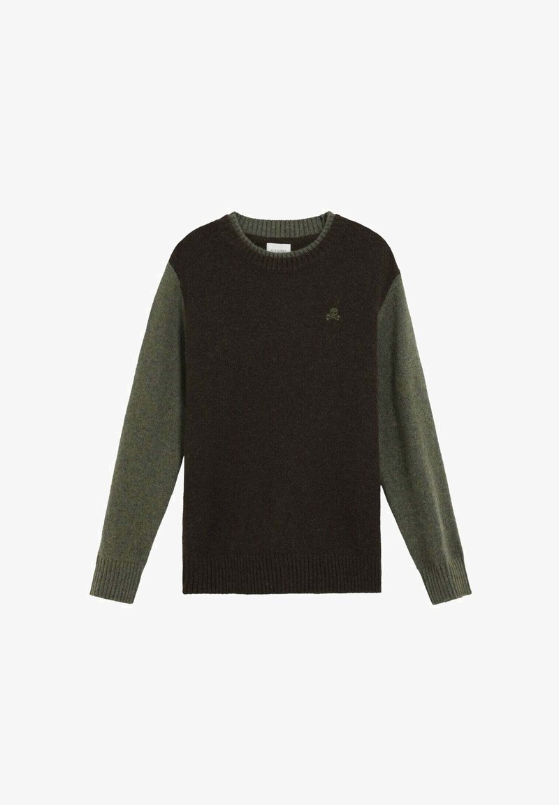 Dunkelbrauner Pullover mit olivgrünen Ärmeln. Gerippter Ausschnitt und Bündchen. Kleines Totenkopf-Logo auf der Brust. Weicher Stoff und lässiges Design.