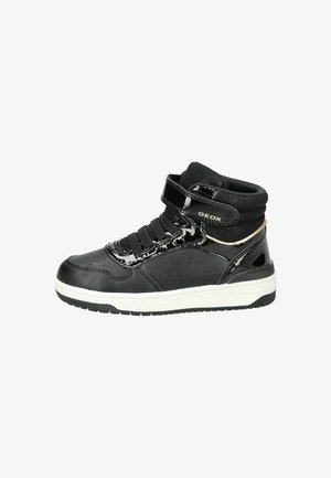 Black high-top sneaker made of leather with a textured surface, featuring a velcro strap, lace detail, and a white outsole.