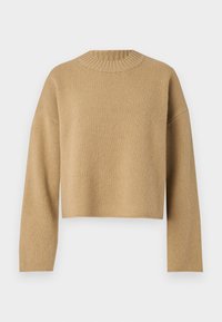 Maglione cropped beige con un motivo a maglia texturizzato, scollatura rotonda a costine e maniche lunghe. Design semplice senza ulteriori motivi o accessori.