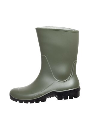 Olivgrüner, halbhoher Gummistiefel mit strukturierter schwarzer Sohle und abgerundetem Zehenbereich, entworfen für den Einsatz im Freien oder bei nassen Bedingungen.