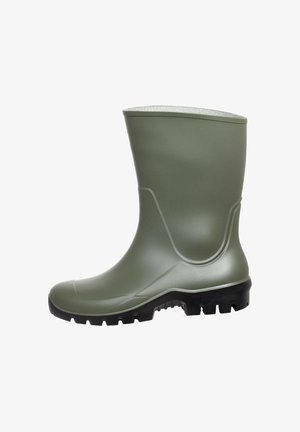 Olivgrüner, halbhoher Gummistiefel mit strukturierter schwarzer Sohle und abgerundetem Zehenbereich, entworfen für den Einsatz im Freien oder bei nassen Bedingungen.