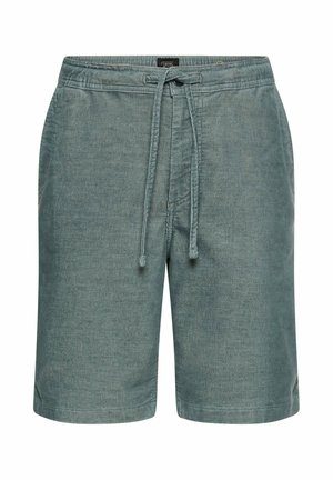 Herren-Shorts aus türkisfarbenem Cord mit Vordertaschen und Kordelzugbund, knielanger Freizeitstil.