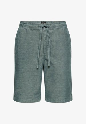 Herren-Shorts aus türkisfarbenem Cord mit Vordertaschen und Kordelzugbund, knielanger Freizeitstil.