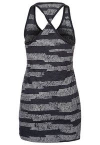 Black athletic tank top with white horizontal stripes, featuring a racerback design and a textured fabric.