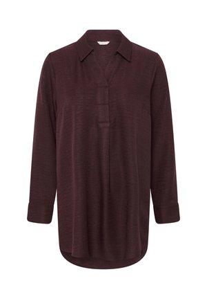 Blusa bordeaux a maniche lunghe con colletto, apertura frontale e orlo arrotondato; realizzata in tessuto testurizzato con polsini arrotolati.