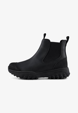 Black chelsea boot with a smooth rubber upper, elastic side panels, and a textured, rugged outsole for traction. Features pull tabs.
