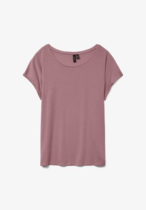 Gaišs rozā īsām piedurknēm T-krekls, kas izgatavots no mīksta auduma ar apaļu kakla izgriezumu un brīvu piegriezumu, bez redzamām rakstām vai faktūrām.