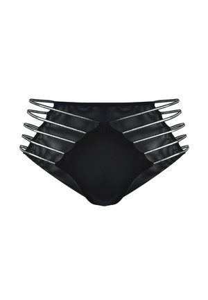 Czarny dół bikini z gładkiego materiału, z wyciętymi bokami i cienkimi ramiączkami akcentującymi. Minimalistyczny design bez widocznych wzorów.