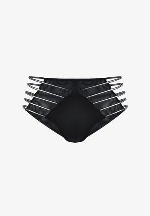 Czarny dół bikini z gładkiego materiału, z wyciętymi bokami i cienkimi ramiączkami akcentującymi. Minimalistyczny design bez widocznych wzorów.