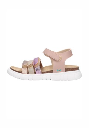 Pink and metallic sandals with three straps, textured accents, and a cushioned sole. Features a white flexible outsole and blue dots.