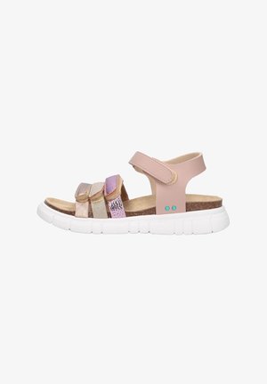 Pink and metallic sandals with three straps, textured accents, and a cushioned sole. Features a white flexible outsole and blue dots.