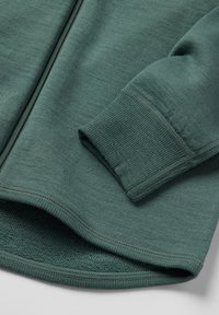 Fleece zip-up jakke i dæmpet grøn, med ribbede manchetter og kant, struktureret stof med en glat yderside og synlige sømdetaljer.