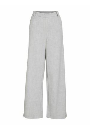 Jasnoszare szerokie spodnie wykonane z fakturowanej tkaniny, charakteryzujące się płaskim przodem, szlufkami na pasek oraz schludnym, dopasowanym wyglądem.