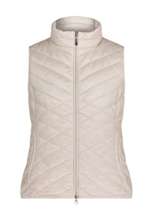 Doudoune sans manches couleur crème avec un col haut, présentant un motif matelassé en losanges, des coutures verticales et une fermeture éclair à l'avant.